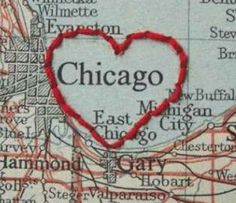 a map with a red heart on it and the word chicago written in large letters