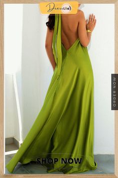 Ring Halter Neck Backless Maxi Dress Green A-line Maxi Dress For Night Out, Elegant Green Backless Dress For Summer, Elegant Green Summer Backless Dress, Backless Green Maxi Dress For Wedding, Green Backless Maxi Dress For Wedding, Chic Green Backless Maxi Dress, Backless Green Maxi Dress For Date Night, Green Backless Maxi Dress For Date Night, Green Backless Dress For Summer Evening