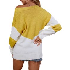 Yellow Contrast V Neck Knit Pullover Sweater Winter Color Block V-neck Top, Winter V-neck Color Block Tops, V-neck Knit Sweater With Color Block, Knit V-neck Sweater With Color Block Design, Knit V-neck Sweater With Color Block, Yellow Color Block Knit Sweater, Yellow Color Block Sweater For Winter, Yellow Knit Top For Fall, Yellow Knit Sweater For Fall