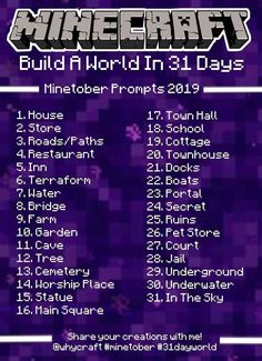 the minecraft build and world in 31 days list for november 2013, with text overlaid