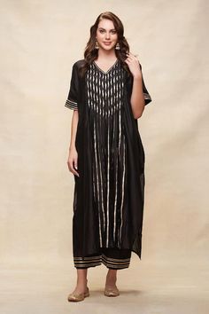 Black chanderi kaftan with pleated, gota embroidered yoke and cuffs. - Aza Fashions Kaftan Pattern, Kaftan Women, Kaftan For Women, Gota Work, Aza Fashion, Half Sleeves, Types Of Sleeves, Custom Made, V Neck