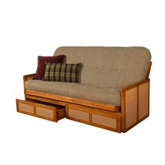 a couch with two drawers underneath it and a plaid pillow on the backrests