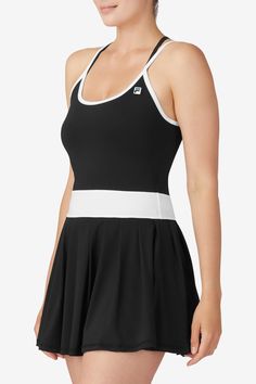 La Finale: Pleated Tennis Dress For Women | Fila Sporty Tennis Activewear With Built-in Bra, Black Tennis Dress With Built-in Bra, Fitted Black Tennis Dress With Built-in Bra, Sporty Tennis Dress With Built-in Bra For Gym, Fitted Mesh Back Sports Bra For Summer, Fitted Tennis Activewear With Built-in Bra, Sporty Sports Bra With Spaghetti Straps, Fitted Racerback Tennis Dress For Gym, Fitted Racerback Sporty Tennis Dress