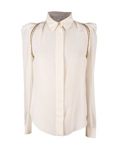 Guaranteed authentic Chloe silk top in winter white and metal open work in a brushed gold.Cutout gold hardware around the arms at shoulder area.Shoulders are shaped and accentuated.Top has hidden placket and cuffs have 1 embossed button.Rounded collar.**See the matching pant listed.**This listing is the blouse onlyfina Metal Detail, Winter Tops, White Blouse, Winter White, Silk Top, Tapered Legs, Gold Hardware, Leg Pants, Metal Working