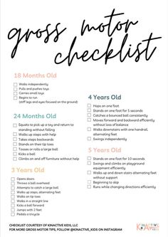 the gross motor checklist is shown in black and white