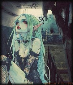 a woman with green hair and horns sitting on stairs in front of graffiti covered walls