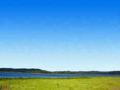 an open field with water in the distance and trees on the other side, under a blue sky