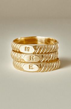 A stack of three personalized Initial Signet Rings, each engraved with the letters M, R, and E, featuring a textured, braided design in 14k gold filled. Rings With Initials, Gold Signet Ring, Everyday Rings, Personalized Rings, Gold Band, Signet Ring, Stacking Rings, Custom Rings, Gold Bands