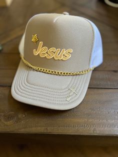 Jesus trucker Gold Casual Trucker Hat, One Size Fits Most, Gold Casual Trucker Hat One Size, Casual Gold Trucker Hat One Size, Casual Gold Trucker Hat One Size Fits Most, Gold Casual Trucker Hat, Adjustable Gold Trucker Hat, Gold Adjustable Trucker Hat, Gold Trucker Hat For Streetwear, Gold Snapback Trucker Hat