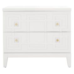 an image of a white chest of drawers with gold knobs on the front and sides