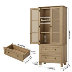 a wooden cabinet and drawer with measurements