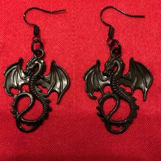 Dragon Earrings Dragon Charm Earrings Black Same Day Or Next Day Shipping Black Dangle Plug Earrings As Gift, Black Dangle Plug Earrings For Gift, Black Dangle Plug Earrings, Black Punk Dangle Hoop Earrings, Nickel-free Black Plug Earrings As Gift, Nickel-free Black Punk Jewelry, Black Dangle Hoop Earrings Punk Style, Black Dangle Hoop Earrings In Punk Style, Black Nickel-free Punk Jewelry