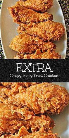 the cover of extra crispy fried chicken is shown on a plate with other food items