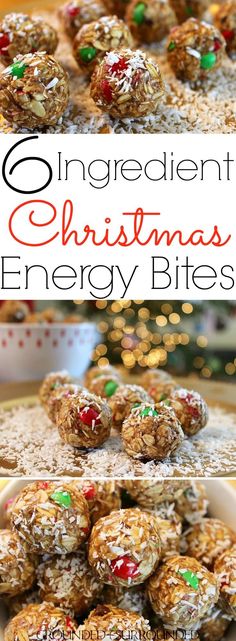 christmas energy bites are stacked on top of each other and ready to be eaten in the kitchen