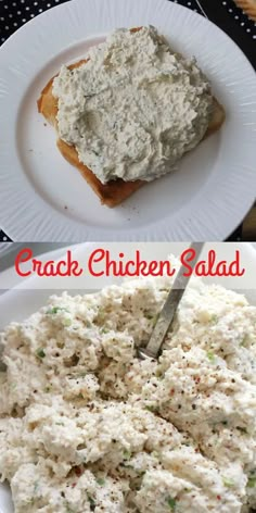 two plates with different types of food on them, one has chicken salad and the other has bread