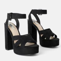 Nwt With Slight Scuffs Due To Store's Handling. Black Heeled Sandals. Crossed Front Straps. Ankle Strap. Lined Wide High Heels With Platform. Buckled Ankle Strap Closure. Heel Size: 5.5"(1.5" Platform) Sb-06 Platform Open Toe Sandals For Date Night, Date Night Platform Sandals With Block Heel, Date Night Platform Sandals In Synthetic, Date Night Platform Sandals, Date Night Synthetic Platform Sandals, Platform Sandals For Night Out, Platform Sandals For Date Night, Zara Sandals For Night Out In Summer, Chic Zara Sandals For Night Out