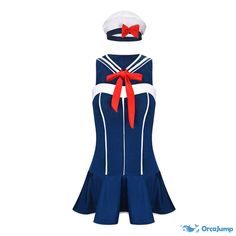 a women's sailor costume is shown in blue and white with red bows on the front