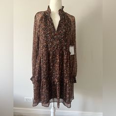 Nwt, Fall Colors, Floral Printed Dress, Button Sleeves, Size Small. Floral Print V-neck Dress For Fall, Floral Print V-neck Mini Dress For Work, Floral V-neck Mini Dress For Workwear, Orange V-neck Mini Dress For Fall, Orange V-neck Mini Dress For Date Night, Orange Floral Print Mini Dress With V-neck, Orange Floral Print V-neck Mini Dress, Navy Blue Velvet Dress, Handkerchief Hem Dress