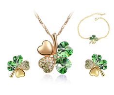 PRICES MAY VARY. St. Patty's day earrings, necklace and bracelet set for women is beautiful heart shaped crystals and 23 gradual color Czech crystals. The 4 heart shaped Shamrock clover bracelets, earrings and necklace for women is arranged beautifully to wish best luck to the wearer. Intricate high polish creates a very glam effect and makes this green four leaf clover bracelet, necklace and earrings set an attention seeker. A perfect gift for yourself or your loved one for St. Patrick's day! S Shamrock Earrings, Clover Jewelry, Four Leaf Clover Necklace, Sweet Jewelry, Crystal Jewelry Sets, Irish Jewelry, Detailed Jewelry, Clover Earrings, Clover Necklace