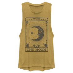 Take your everyday style to the next level with this lovely new Juniors' The Moon Tarot Card Festival Muscle Tank Top from Lost Gods! This pretty gold heather tank features The Moon tarot card adorned across the front with the number "XVIII" above in black letters. Grab this new graphic tank top today and make everything from workouts to running errands, or even just lounging around the house a little extra chic! Celestial Style, Moon Tarot Card, The Moon Tarot Card, The Moon Tarot, Graphic Material, Kids Pattern, Muscle Tank Tops, Muscle Tee, Pattern Graphic