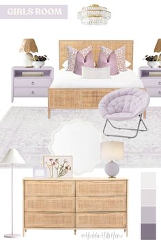 a bedroom with purple furniture and accessories