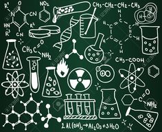 a chalkboard with science doodles on it in front of a blackboard background