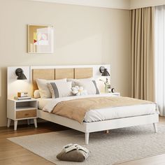 a bedroom with a bed, night stand and lamp on the side table next to it