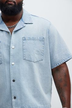 Available In Light Blue Wash. Fold Down Collar Front Button Closure Chest Pockets Pair With "Colin Relaxed Denim Shorts" 100% Cotton Imported | Mens Colin True Denim Button Up Shirt in Light Blue Wash size 3XL by Fashion Nova Collared Denim Shirt For Summer, Summer Denim Collared Shirt, Summer Collared Denim Shirt, Washed Blue Button Closure Shirt For Summer, Light Blue Denim Shirt With Short Sleeves, Light Blue Denim Short Sleeve Shirt, Casual Medium Wash Shirt With Buttoned Pockets, Light Indigo Relaxed Fit Shirt With Button Closure, Light Wash Short Sleeve Denim Top With Buttons