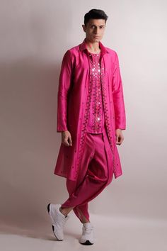 Buy Pink Silk Chanderi Embroidered Mirror Work Nihaar Kurta And Dhoti Pant Set For Men by Jubinav Chadha Online at Aza Fashions. Layered Kurta, Gents Kurta Design, Kurta For Men, Gents Kurta, Dhoti Pants, Mirror Work, Kurta Designs, Kurta Set, Pink Silk