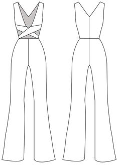 the front and back views of two jumpsuits, one with straps on each side