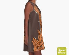 "This Hawaiian/Polynesian tribal floral A-line swing dress is retro looking featuring orange tropical floral design on dark brown background. If you would rather this dress was in another color or combination of colors please get in touch and let me know and I will do my best to accommodate you. The perfect sleeveless dress for daytime or evening wear, loose, swing fit that you can wear with or without leggings. The dress length in general is just a little above the knee. The dress is made out o Orange Bohemian A-line Dress, Bohemian Orange A-line Dress, Bohemian Orange Dress With Tropical Print, Brown A-line Beach Dress, Polynesian Dress, Dark Brown Background, Tiki Dress, Hawaiian Dress, Brown Background