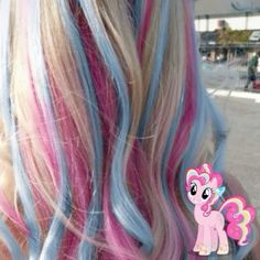 Blonde And Other Color Hair, Blue And Pink Highlights In Blonde Hair, Hair Colour Reference, Pinky Pie Hair, My Little Pony Hair Dye, Mint Chocolate Chip Hair, Mlp Inspired Hair, Mlp Hair Ideas, Unnatural Hair Color Ideas