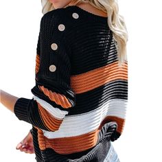 Orange Color Block Netted Texture Sweater Striped Sweater With Button Closure For Fall, Fall Striped Sweater With Button Closure, Mode Ab 50, Trendy Sweatshirts, Short Wrap Skirt, Orange Color Block, Striped Knit Sweater, Sweater Chunky, Autumn Look