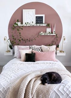 a black cat laying on top of a bed next to a pink wall and plants