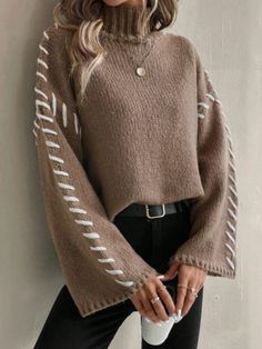 Women Contrast Color Patchwork Turtleneck Simple Knitted Sweater, Casual Daily Wear Brown Casual  Long Sleeve Knitwear Plain Pullovers Non-Stretch  Women Clothing, size features are:Bust: ,Length: ,Sleeve Length: Simple Knitted Sweater, Lace Fashion, Pleated Mini Skirt, Inspiration Mode, Casual Shoes Women, Knitted Sweater, Women Lace, Knitwear Women, Moda Casual