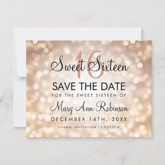 save the date card with glitter lights in pink and gold on white paper, which reads sweet sixteen save the date