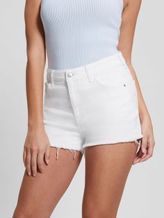 Bring back the good times in these denim shorts constructed in a retro-inspired silhouette with super-high waist and frayed hems. Mom Shorts, Bring Back, Retro Inspired, Good Times, Style Icons, White Shorts, The Good, Denim Shorts, High Waist