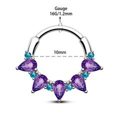 Can you see how beautiful is this purple septum clicker? It is like an art piece, the purple gems are so shiny, and the shape is so unique, definitely a must-have in your piercing jewelry collection. Titanium Belly Button Rings, Ring Day, Conch Hoop, Dangle Belly Rings, Septum Clicker, Purple Gems, Skull Hand, Daith Piercing, Navel Rings