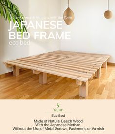 a bed frame made of natural beech wood without the use of metal screws, or varnishing