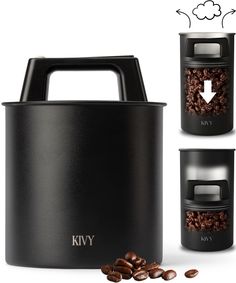 two black containers with coffee beans next to each other and one container has a lid on it