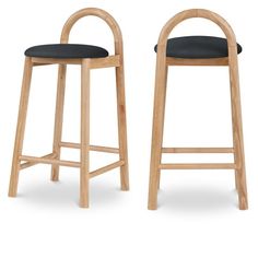 two wooden barstools with white upholstered seat cushions on each one side