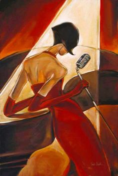 a painting of a woman in red dress sitting at a piano with a microphone on it