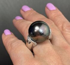 GIANT 18K White Gold Tahitian Black Pearl Diamond Vintage Cocktail Ring Size 6 | eBay Black Pearl Jewelry, Vintage Cocktail Ring, Tahitian Black Pearls, Vintage Cocktail, Pearl Diamond, Fantasy Jewelry, Black Pearl, Vintage Diamond, Round Brilliant Cut Diamond