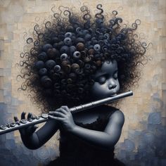 a painting of a girl with curly hair holding a flute