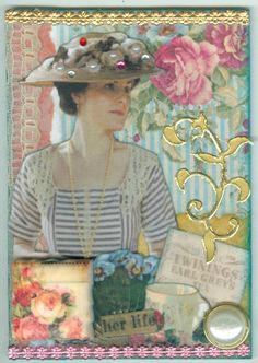 a woman wearing a hat with flowers and pearls on it's head, surrounded by other items