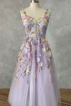 corset lavender floral embroidery tea length party dress Floral Tea Length Dress, Short Princess Dress, Floral Embroidery Dress, Tea Length Dress, Tulle Material, Corset Midi Dress, Lavender Floral, Short Homecoming Dress, A Line Wedding Dress