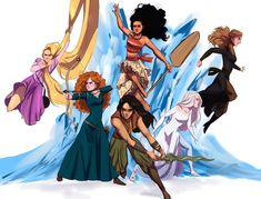 the disney princesses are all dressed up in different outfits and hair, with one woman holding