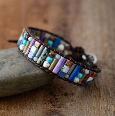 This amazing bracelet is handmade with natural gemstones , tan vegan leather and engraved sunflower clasp. Size is 6.5 inches and adjustable through two different closures to an 8.5" wrist. Tan Color Vegan Leather Wrap Armband, Beaded Cuff Bracelet, Energy Bracelets, Boho Leather, Bohemian Bracelets, Beaded Cuff, Unique Bracelets, Leather Bracelets, Bracelets Handmade Beaded