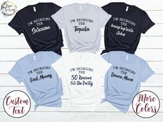 I'm Bringing The 50 Reasons For The Party Shirt, the perfect gift for your birthday squad, your family and friends on your very special and 50th Birthday Party or your Birthday Girls Trip! These funny custom group 50th birthday shirts are offered in a large variety of colors and styles, including Crewneck T-shirts, V-neck T-shirts and Tank Tops. You can choose from phrases like I'm Bringing the 50 Reasons for the Party, I'm Bringing the Sarcasm, I'm Bringing the Alcohol and many more, or you can Friends 50th Birthday, 90s Lyrics, Birthday Matching Shirts, 90s Bachelorette, Bride And Bridesmaid Shirts, Birthday Group Shirts, Bachelorette Party Tanks, Retro Bride, Engaged Shirts