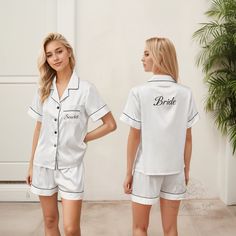 This personalized bridesmaid pajama set is crafted from high-quality satin fabric that feels as delicate and soft as silk. It ensures a skin-friendly experience without irritation or itching, making it perfect for everyday wear. The design pays close attention to detail, featuring a short-sleeve button-down top and drawstring-free shorts, providing both comfort and style for adults. This set makes an ideal gift for a variety of occasions, including bridal showers, bachelorette parties, birthdays Spa Retreats, Bridesmaid Pajama, Honeymoon Night, Satin Pyjama, Bridesmaid Pjs, Bridesmaid Pajama Set, Satin Pajama Set, Bridesmaid Pyjamas, Satin Pajama